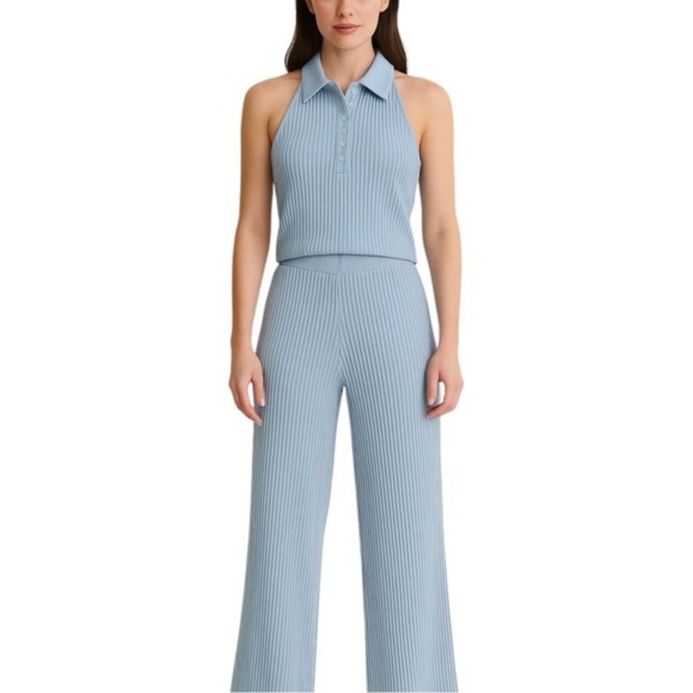 Marc New York Light Blue Ribbed Wide Leg Jumpsuit
